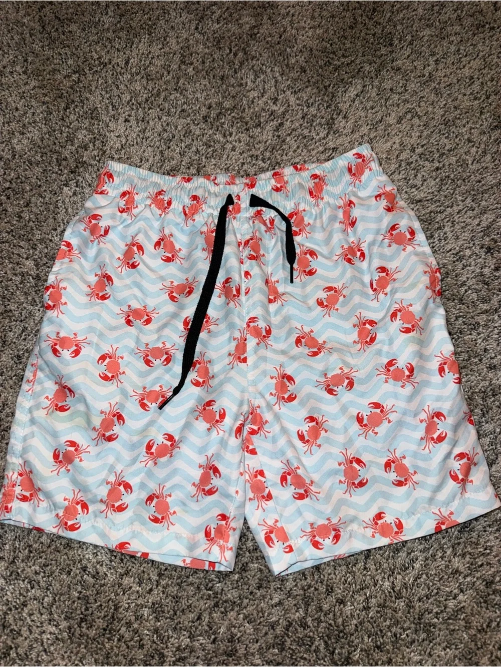 Youth Sz 10 - Crab Print Swim Shorts - White & Light Blue with Red Crabs